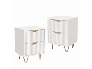 Lot de 2 tables de chevet 40, 2 tiroirs, meuble de rangement avec façade ondulée, pieds métal, table de nuit pour chambre et salon, style modernescandinave(40x40x55cm, blanc)
