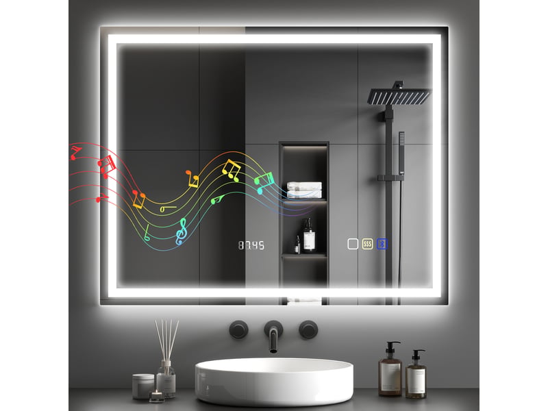 Miroir salle de bain led bluetooth 80 x 100 cm interrupteur tactile lumière réglable 3 couleurs anti-buée mémoire argent - Conforama A