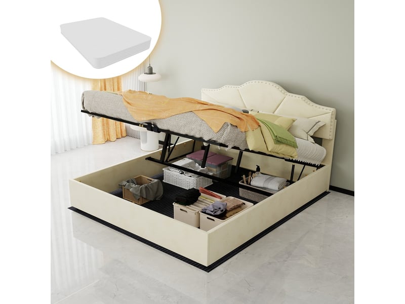  Lit coffre moderne minimaliste avec tête de lit rembourrée beige 160x200cm sommier coffre haut avec vérin pneumatique matelas inclus  - Conforama B