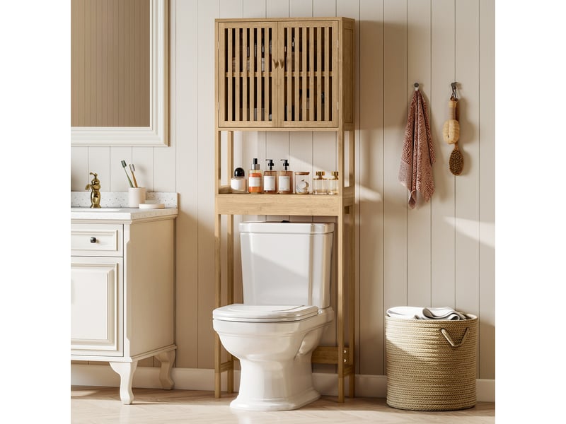  Étagère de toilettes meuble de salle de bain dessus toilette wc avec placard 2 portes et étagère ouverte bambou  - Conforama C