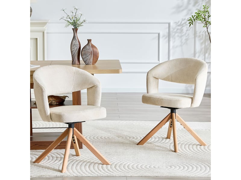  Lot de chaises 2 pièces pivotantes style rétro luxe tissu texturé crème blanc pieds en bois massif rotation silencieuse 360° dossier galbé  - Conforama A