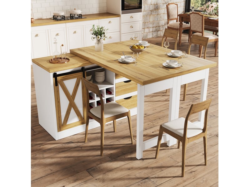 Îlot de cuisine avec table orientable 120-197 cm, 3 tiroirs, blanc et aspect chêne - Conforama B