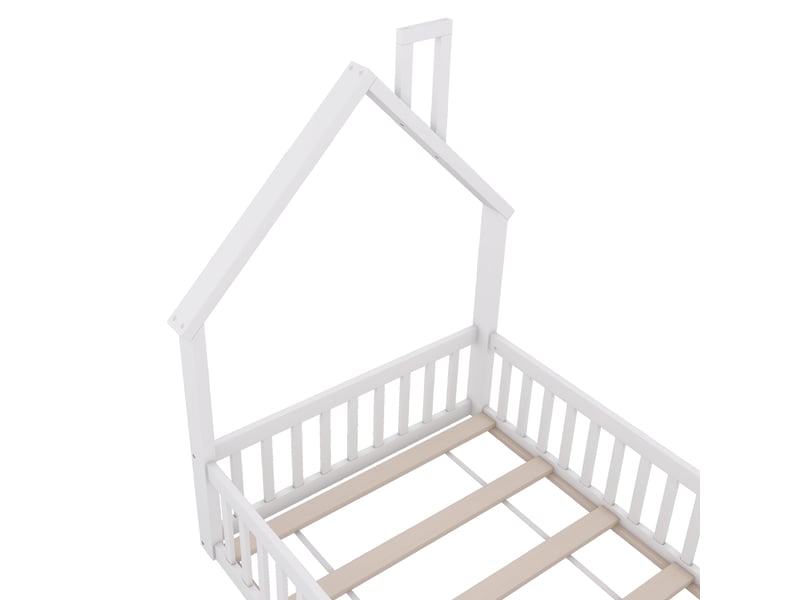  Lit enfant 90x200cm, lit maison avec sommier, pin blanc, style minimaliste, sans matelas  - Conforama E