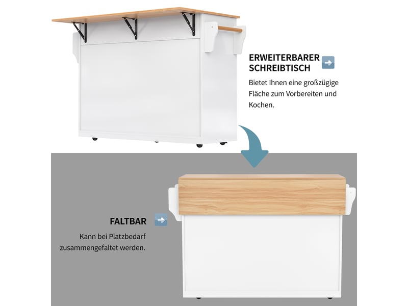  Buffet de cuisine 120x46x91.5cm, meuble de cuisine avec 2 tiroirs, 4 portes, plan de travail extensible, mdf, blanc+naturel  - Conforama R
