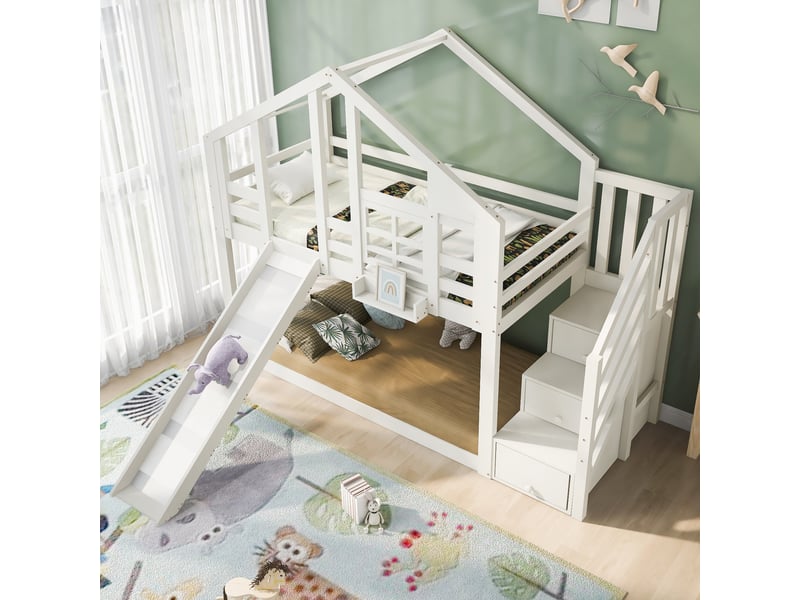 Lit cabane superposé 90x200 cm blanc avec toboggan, escalier de rangement et barrière de sécurité anti-chute - Conforama W