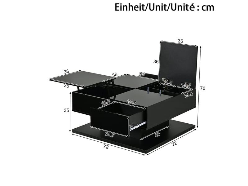  Table basse relevable avec plateau rabattable, 2 tiroirs, rangement et led réglable pour salon, noir, 72 × 72 × 35 cm  - Conforama C