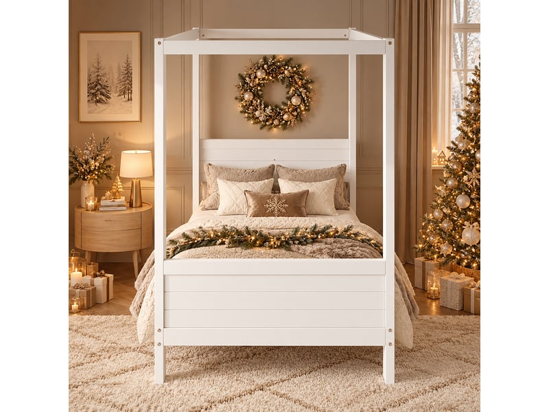  Lit enfant 90x200 cm, lit simple, espace inférieur modulable, cadre haut personnalisable, tête de lit haute, bois massif et mdf blanc OPULERANE TRADING LTD - Conforama B