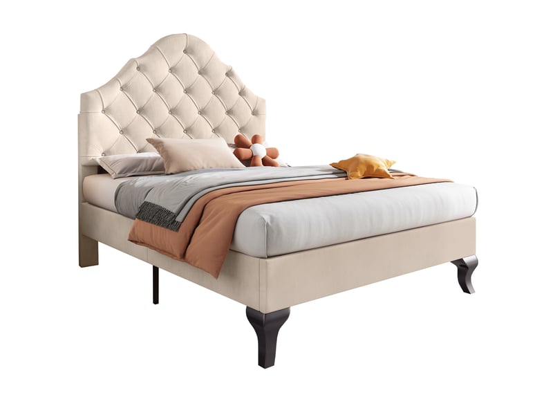 Lit simple 90x200 cm en velours beige avec sommier à lattes et tête réglable - Conforama A