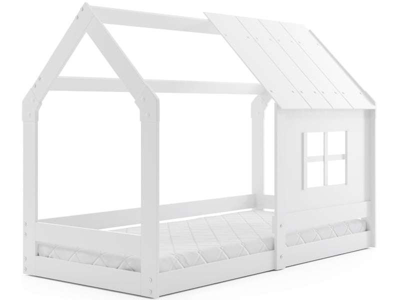  Lit cabane enfant montessori en bois massif blanc avec toit et fenêtre, 80x160 cm – sommier à lattes inclus  - Conforama A
