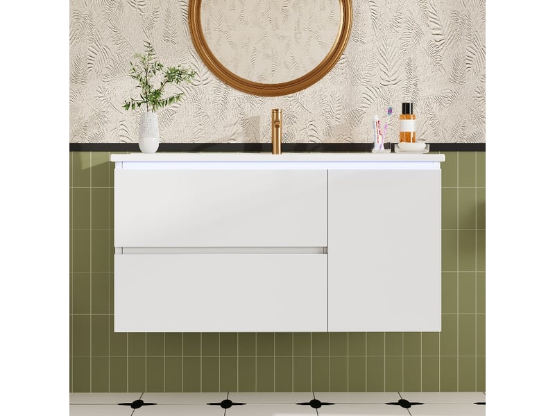  Meuble salle de bain suspendu 90 cm blanc laqué avec lavabo céramique et éclairage led capteur  - Conforama C