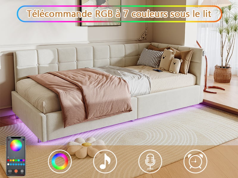  Lit coffre 90x200 avec rangement hydraulique, canapé lit 1 place avec éclairage led et port usb, cadre de lit flottant beige velours  - Conforama W