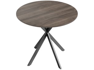 Table à manger ronde pour 2 personnes avec plateau aspect bois et croisé piètement en acier, marron