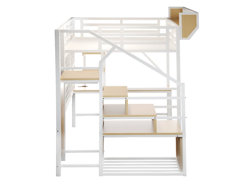  Lit mezzanine métal blanc 140x200 cm, bureau, étagère, filet rangement, échelle, led et prise  - Conforama E