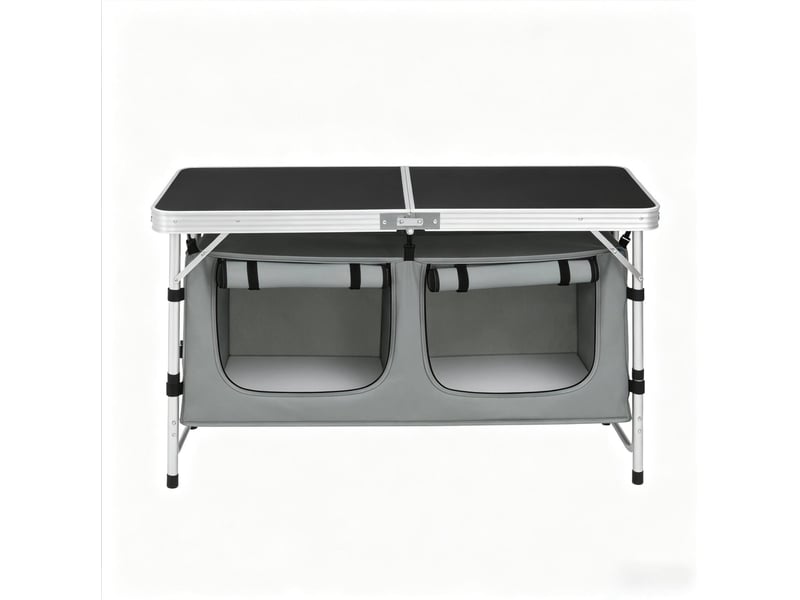 Table de jardin pliante 120x47 cm à hauteur réglable avec sac de rangement suspendu en métal et mdf noire et grise - Conforama A
