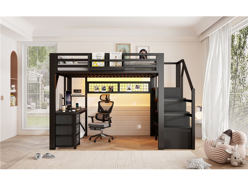  Lit mezzanine double 140×200 cm avec bureau, 3 tiroirs, led et placard - okmyhome- métal noir, sans matelas  - Conforama E
