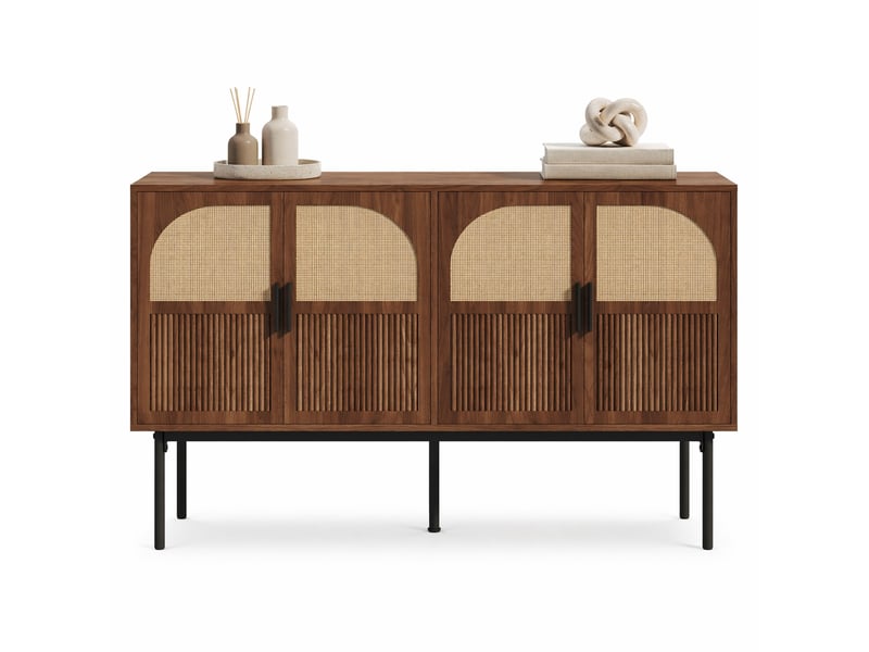  Buffet 4 portes avec rangement, rotin naturel et mdf, 140 x 40 x 80 cm evryae  - Conforama A