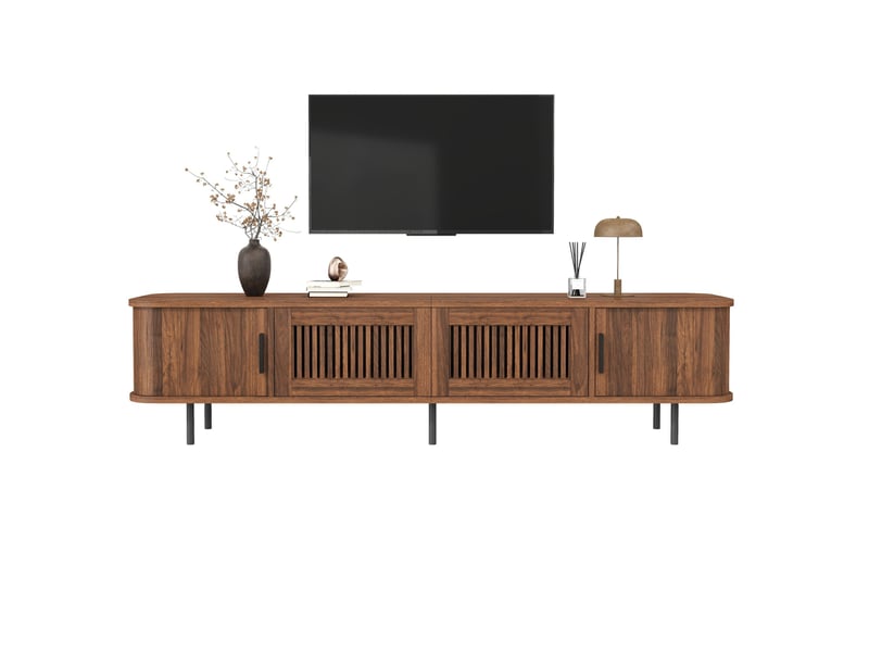  Meuble tv noyer 180 x 40 x 44,5 cm avec portes coulissantes, tiroirs et éclairage led  - Conforama A