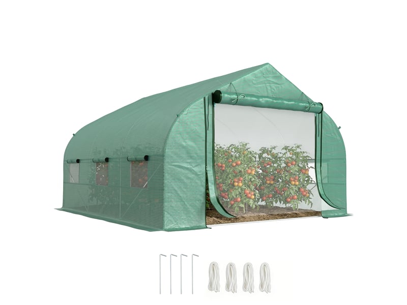Serre tunnel avec couverture en pe et structure en acier, porte sectionnelle et 6 fenêtres, 3,5 x 3 x 2 m, verte - Conforama A