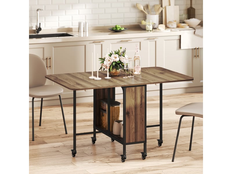  Table de cuisine pliante à roulettes avec abattant et étagère, idéale pour le salon, 130 x 80 x 74 cm, marron  - Conforama D