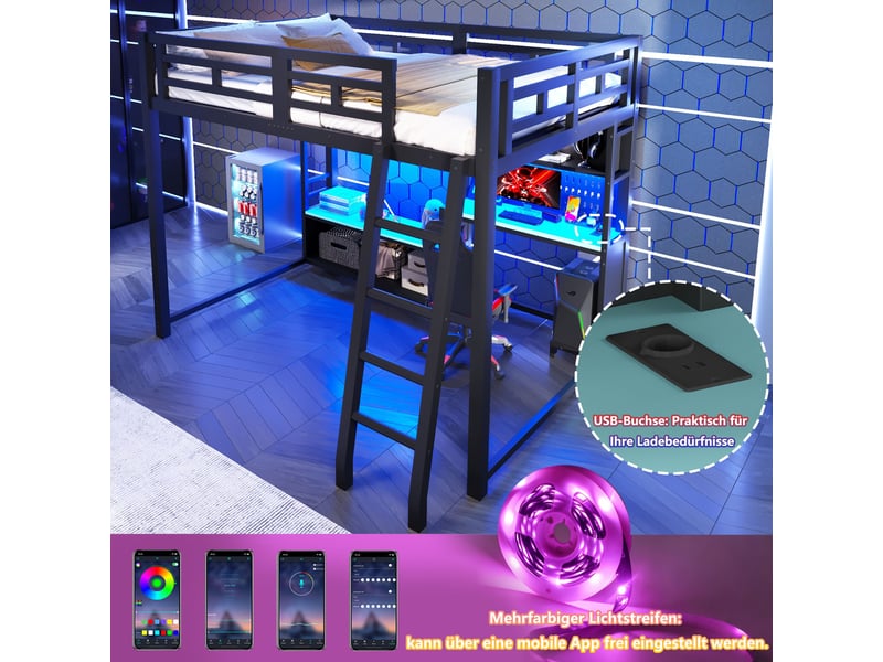 Lit mezzanine ado 140x200 cm en métal avec bureau-led rgb et étagères de rangement-barrières de sécurité-noir  - Conforama D