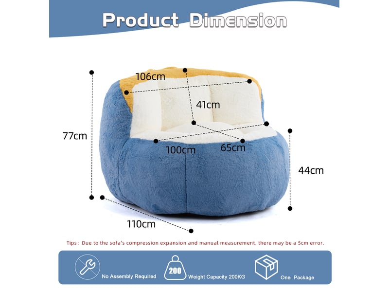  Fauteuil poire modenvie xxl en fausse fourrure bleu, blanc et jaune, mousse déchiquetée, 106 x 110 x 77 cm  - Conforama C