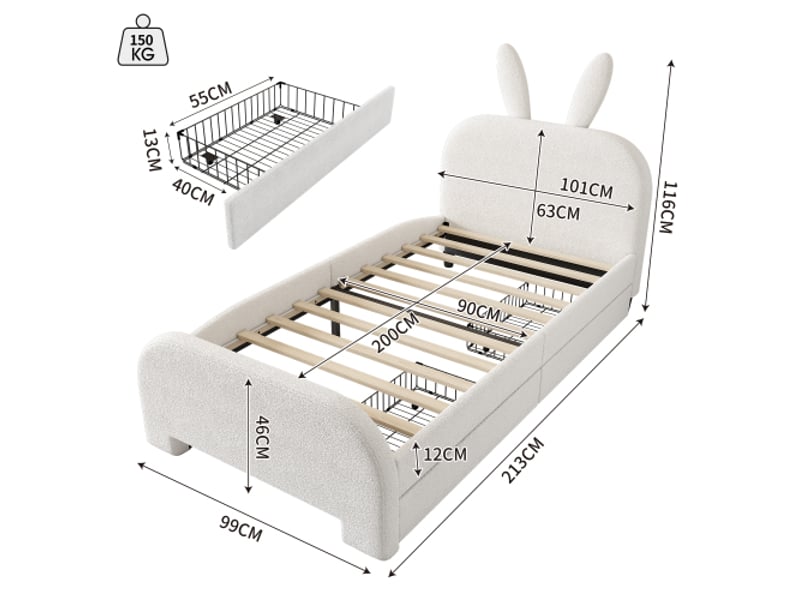 Lit enfant 90x200 cm lit simple avec 2 tiroirs, en laine de mouton résistante et le mdf, blanc, sans matelas - Conforama D