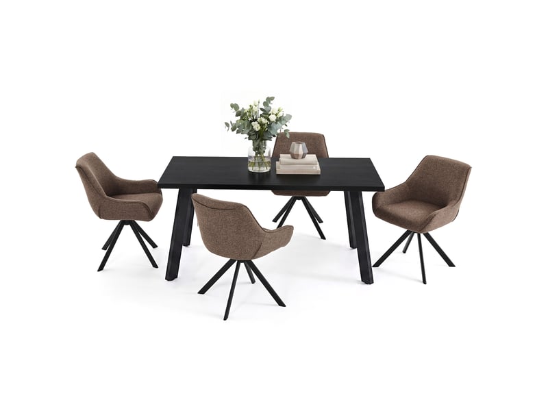  Ensemble table et 4 chaises - table rectangulaire 160x80 cm monobloc en chêne noir et pieds métal, 4 chaises en tissu marron moka et pieds métal  - Conforama A