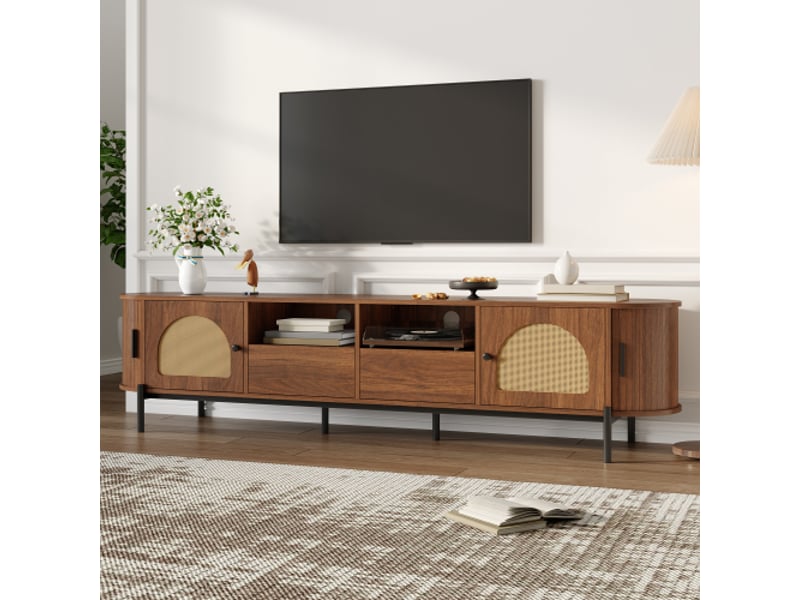  Meuble tv ovale en rotin avec portes coulissantes et tiroirs, look bois, pieds métalliques, rangement polyvalent salon  - Conforama D