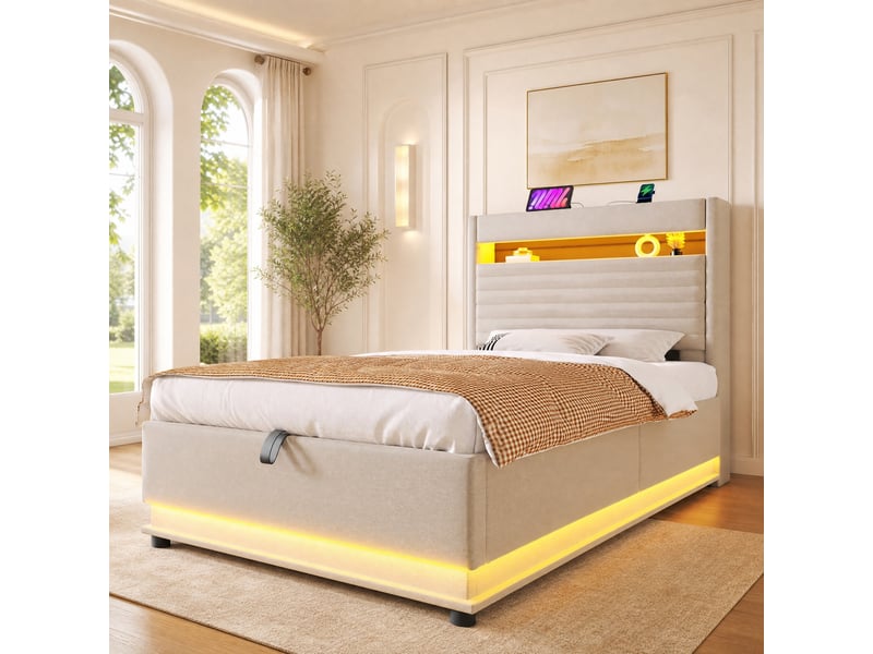  Lit coffre 90 x 200 cm en lin beige avec led, ports usb et type-c  - Conforama C