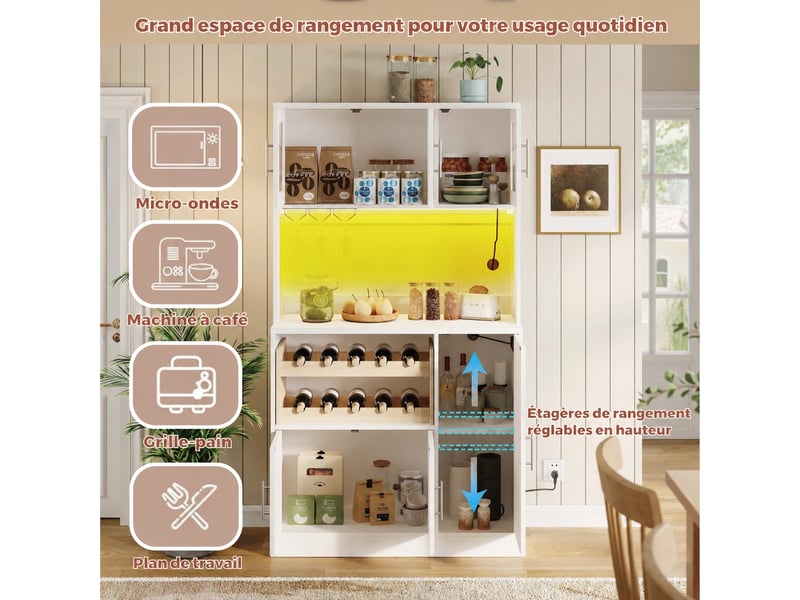  Meuble de cuisine muvano blanc, buffet haut avec portes en verre strié et éclairage rgb  - Conforama R