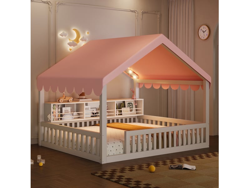  Lit cabane enfant modenvie 140 x 200 cm avec guirlande led étagère à livres et barrières de sécurité blanc  - Conforama D
