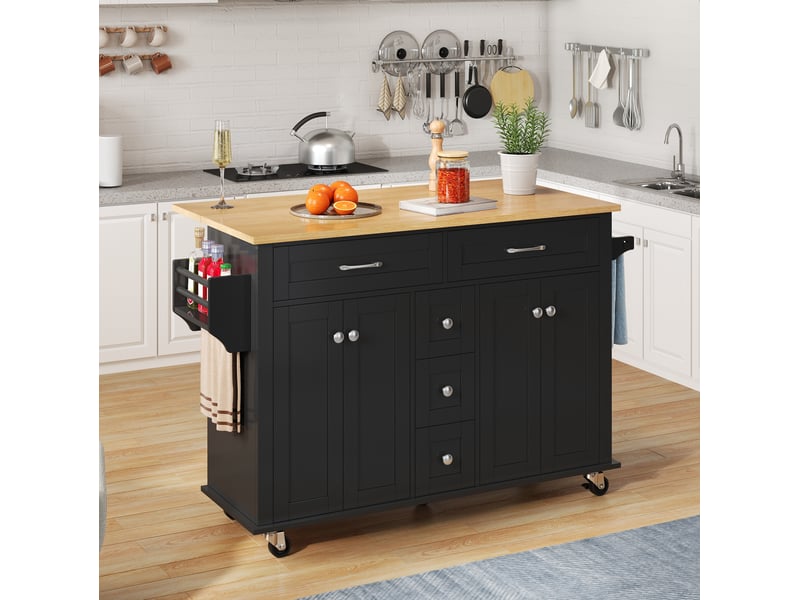 Desserte de cuisine mobile avec plateau rabattable 120 x 65 cm, 5 tiroirs, noir naturel  - Conforama D