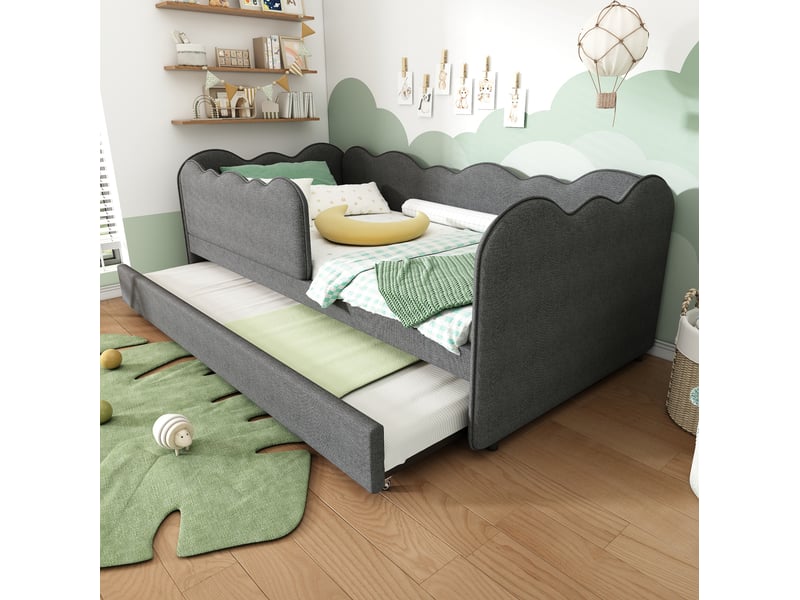  Lit enfant gigogne 90 x 190 cm forme de nuage unique et design en forme de l gain de place lin gris sans matelas  - Conforama R