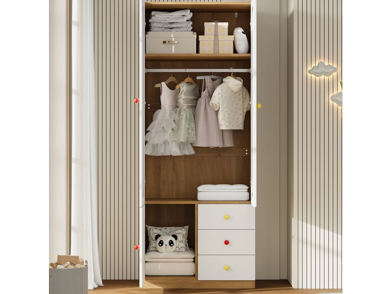  Armoire enfant 2 portes avec penderie et 3 tiroirs, blanc laqué, poignées en céramique colorées  - Conforama E