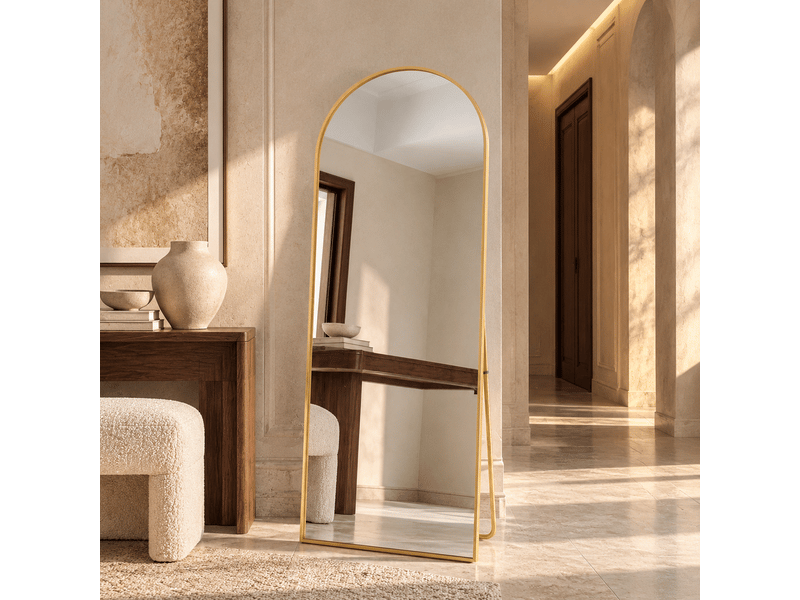  Miroir sur pied pleine longueur 165×60 cm, cadre aluminium doré brossé, arqué, chevalet amovible, fixable au mur  - Conforama B