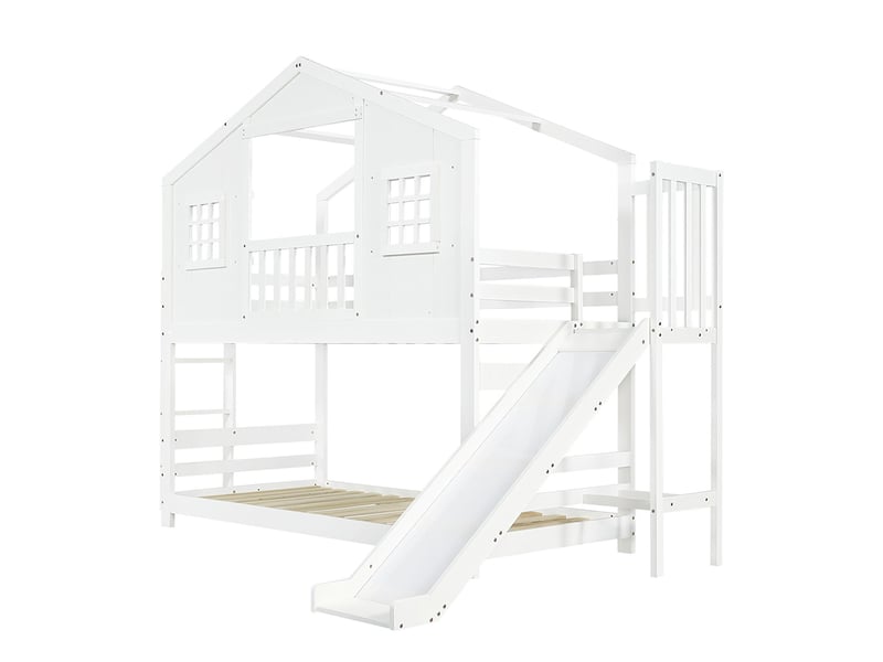 Lit superposé avec toboggan enfant design fenêtres toit sommier lattes marches stables pin mdf contreplaqué blanc 90x200 cm  - Conforama A