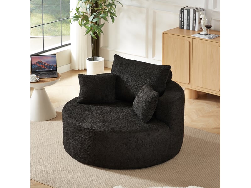 Fauteuil de repos 1 place en mousse avec coussin cylindrique, sans montage, en chenille noir, 127 × 127 × 82 cm  - Conforama D