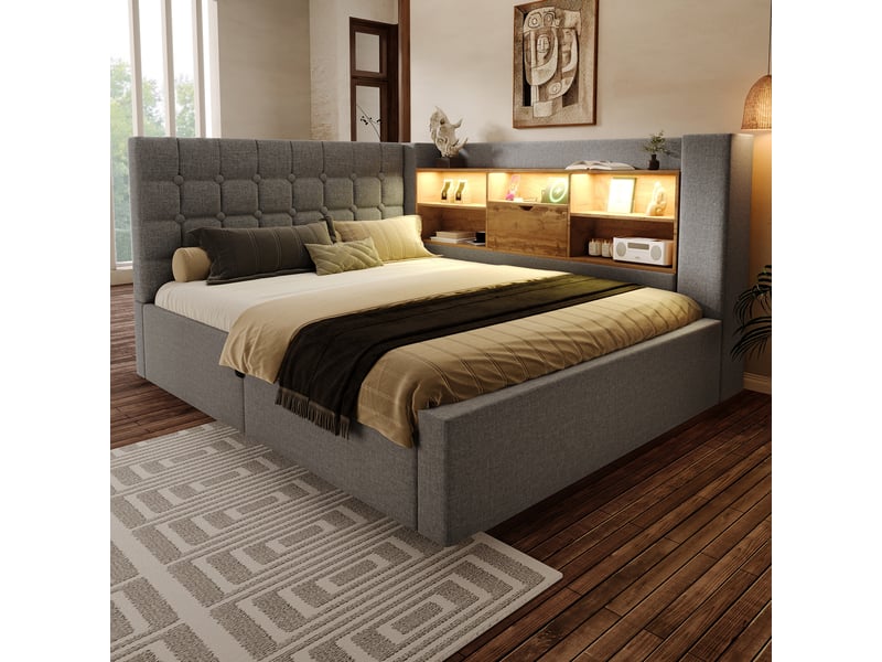  Lit coffre double 190×140 cm avec tête de lit réversible, éclairage led et ports usb, sans matelas, en tissu gris  - Conforama C