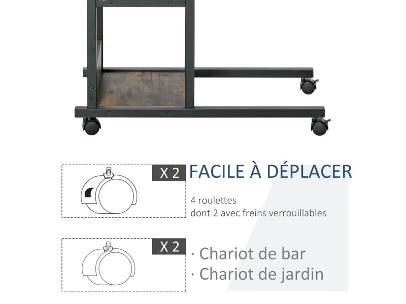  Table d'appoint bout de canapé table roulante table de lit pour ordinateur portable hauteur réglable - 2 étagères intégrées - cadre métal, 80 x 40 x 72-82 cm, marron  - Conforama W