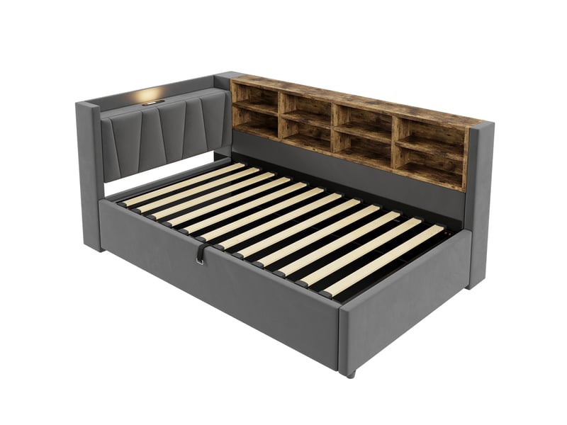  Lit coffre 90 x 200 cm avec rangement hydraulique, veilleuse et usbusb-c, canapé-lit en velours gris foncé avec étagères et rangements latéraux  - Conforama E