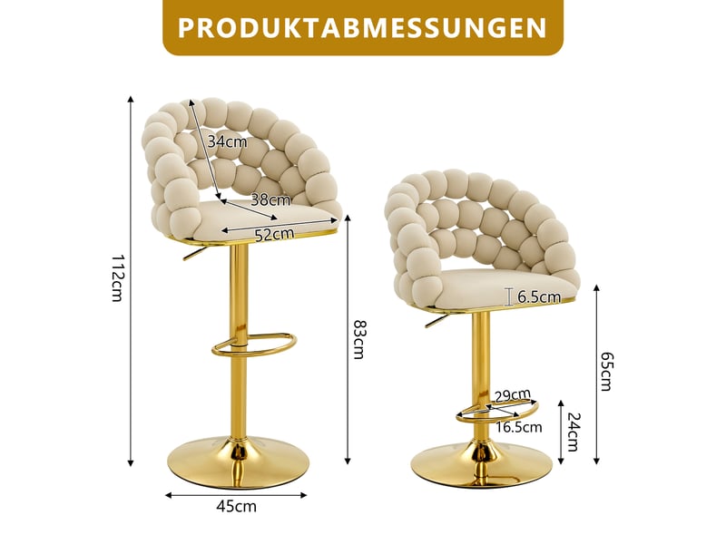  Lot de 2 tabourets de bar en velours crème, dossier chaîne, piètement réglable doré  - Conforama C