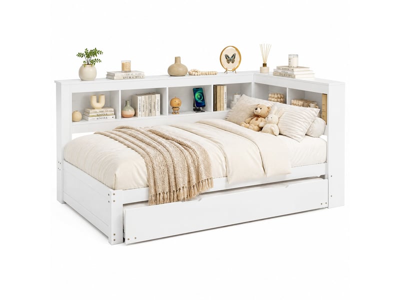  Lit gigogne 140x200 cm avec prises usb et rangements, blanc  - Conforama A