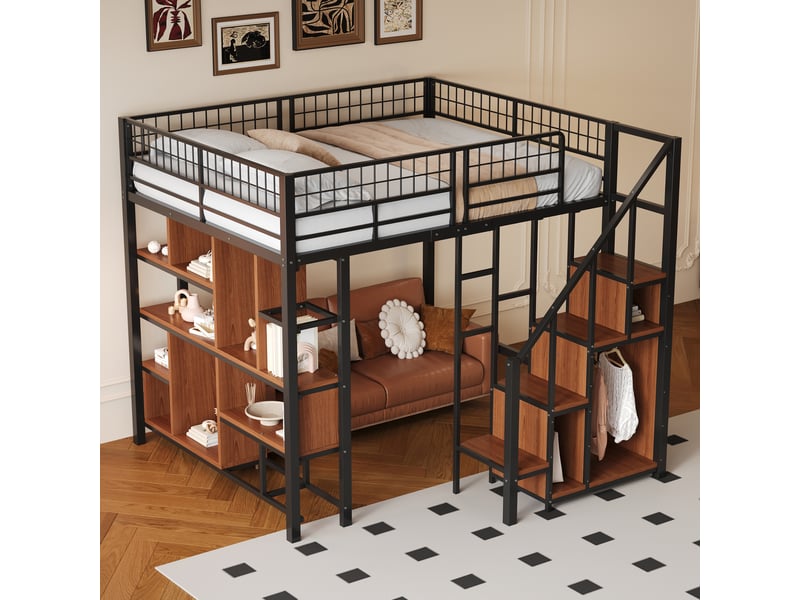 Lit mezzanine 140x200 cm métal pour adulte et ado avec escalier et rangements, design moderne en mdf + contreplaqué - noir - Conforama B