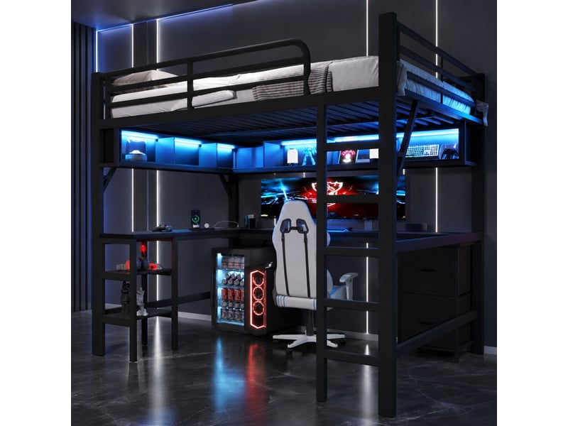  Lit mezzanine 140x200 cm en métal avec bureau, étagères, usb et led noir  - Conforama B