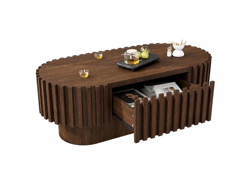  Table basse ovale 100 x 50 x 35,5 cm avec tiroir en mdf, coloris noyer, design moderne, décor à lamelles verticales  - Conforama A