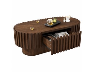 Table basse ovale 100 x 50 x 35,5 cm avec tiroir en mdf, coloris noyer, design moderne, décor à lamelles verticales