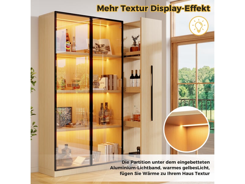  Vitrine led verre 110x35x160cm meuble de rangement bibliothèque avec 2 portes vitrée tiroir latéral coulissant - chêne  - Conforama E