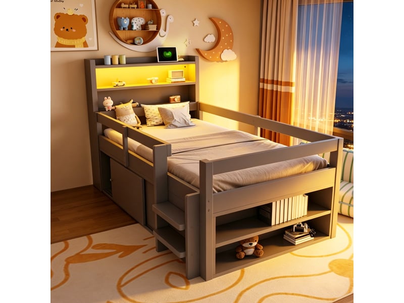 Lit enfant multifonction 90x200 cm avec étagères, placards coulissants et rangements, lit en bois avec led et ports usb, gris OPULERANE TRADING LTD - Conforama D