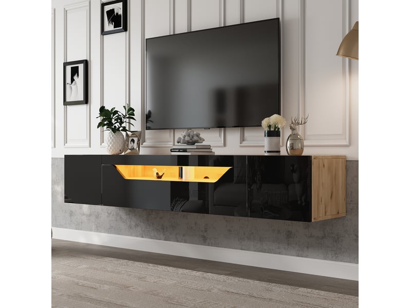 Meuble tv mural 180 x 37 x 36 cm avec led et rangements, noir et bois - Conforama D