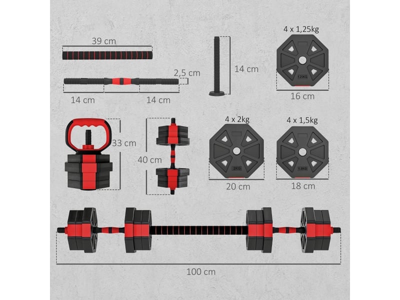  Set d'haltères 4 en 1, haltères réglables 20 kg pour musculation à domicile, rouge  - Conforama C
